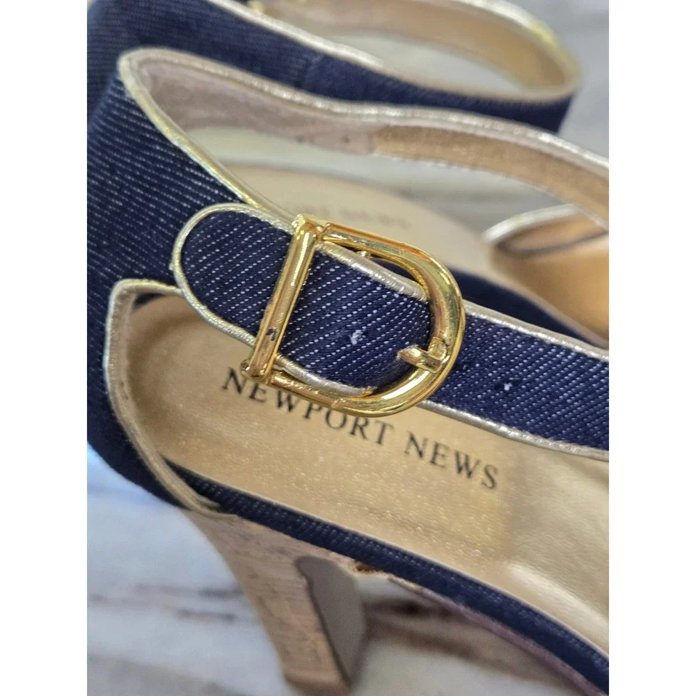Newport News Denim Cork Platform Peep Toe Heels Dark Wash Gold‎ 10